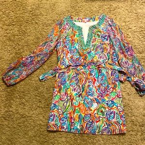 Size14 Lilly Pulitzer silk dress with belt long sleeve never worn beaded neck